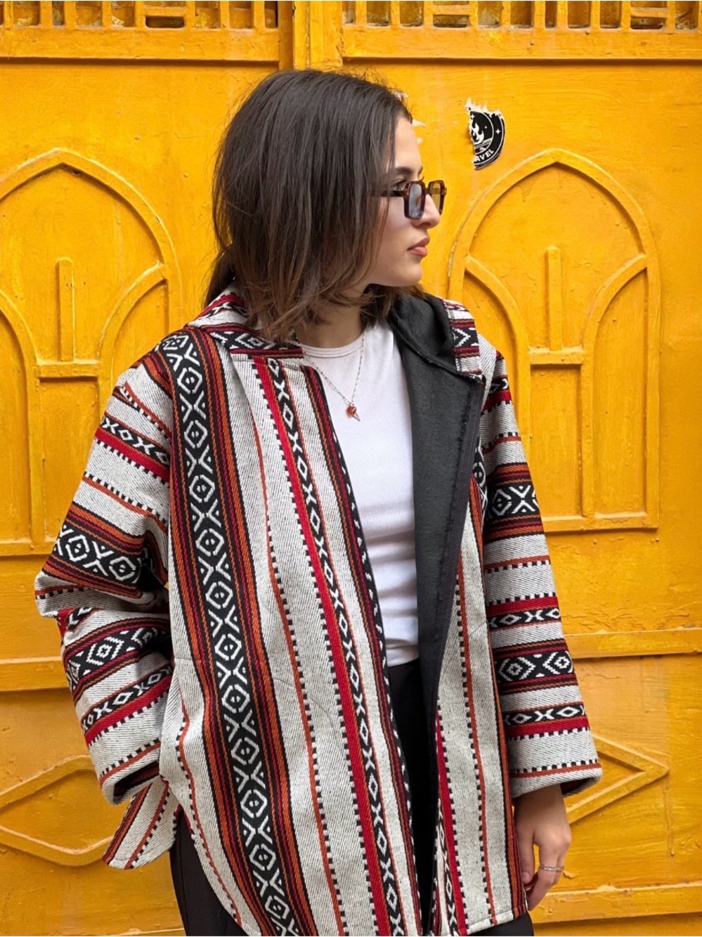 Unisex Striped Padded Jacket with Hood in Cream, Red & Black. Zip front.